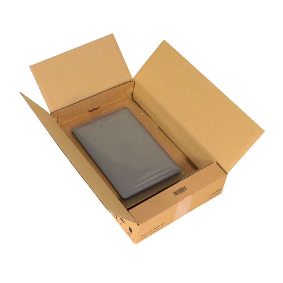 Open laptop transport box with laptop in protective packaging