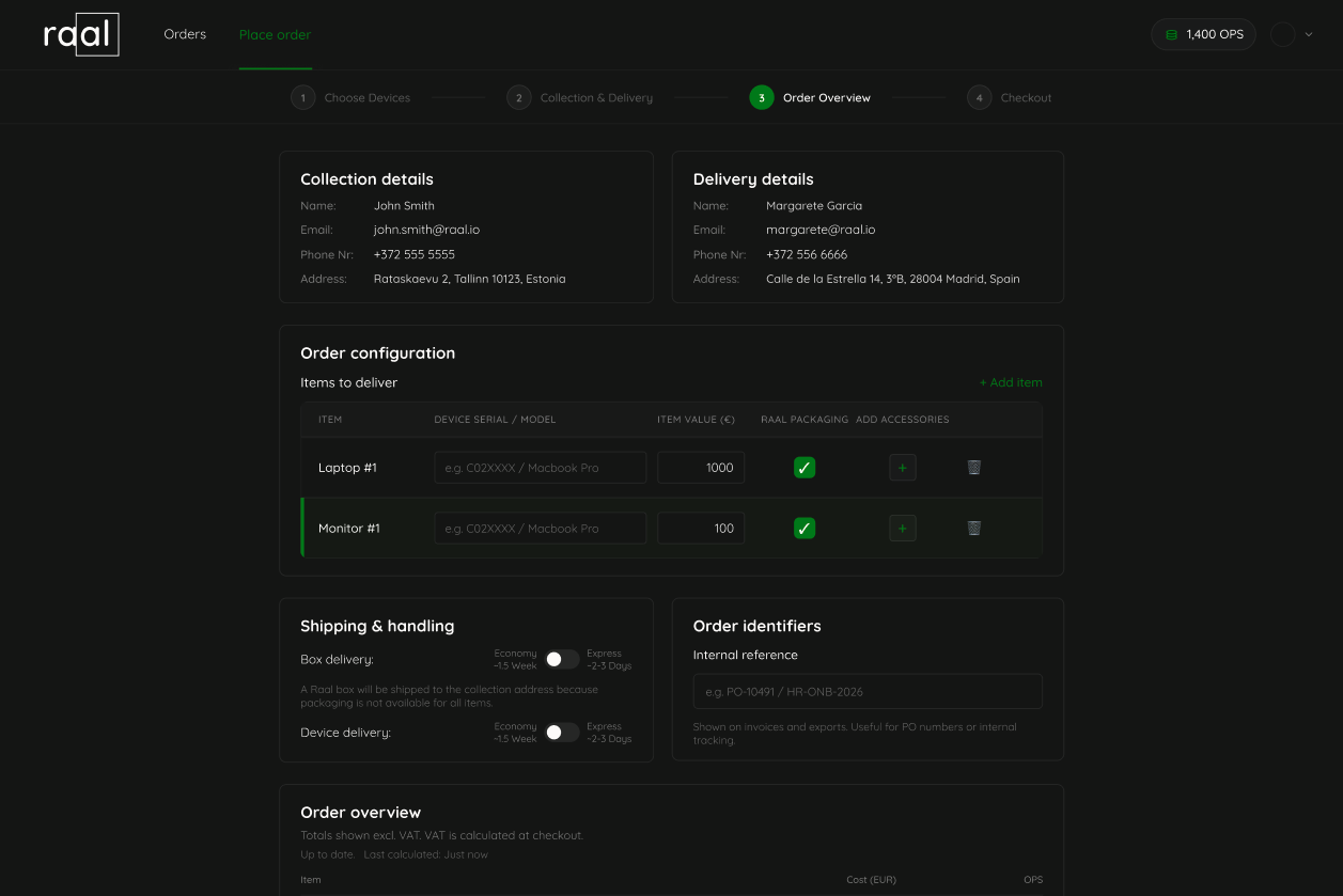 RAAL order placement with device and delivery configuration