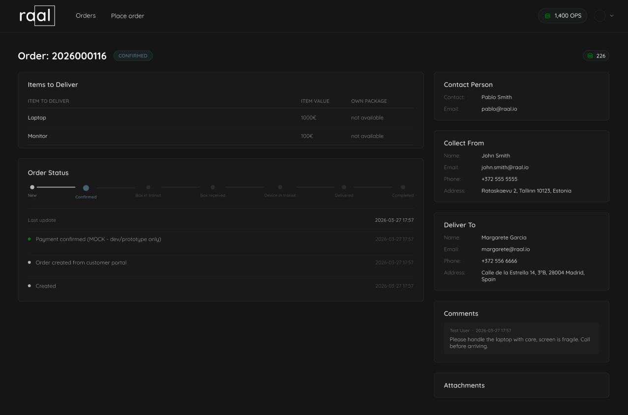RAAL single order view with full tracking details